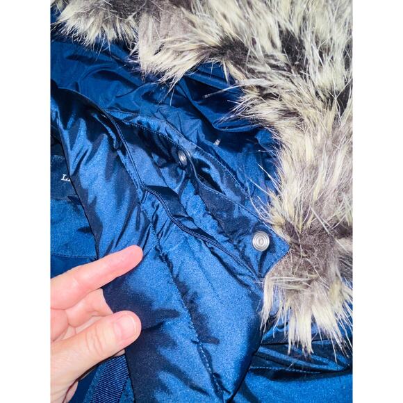Lands' End Long Down Puffer Coat - Size S (6-8) - Vibrant Blue w/ Faux Fur Hood - Picture 6 of 12